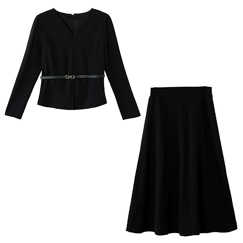 Black Long-Sleeved Top And Skirt Two-Piece Set