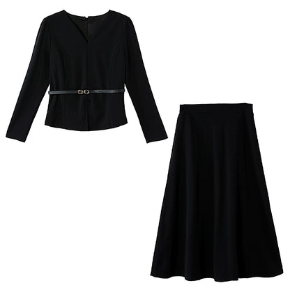 Black Long-Sleeved Top And Skirt Two-Piece Set