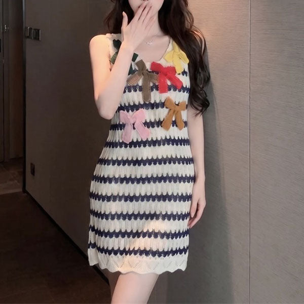 Handmade Crocheted Striped Sleeveless Bow-Detail Dress