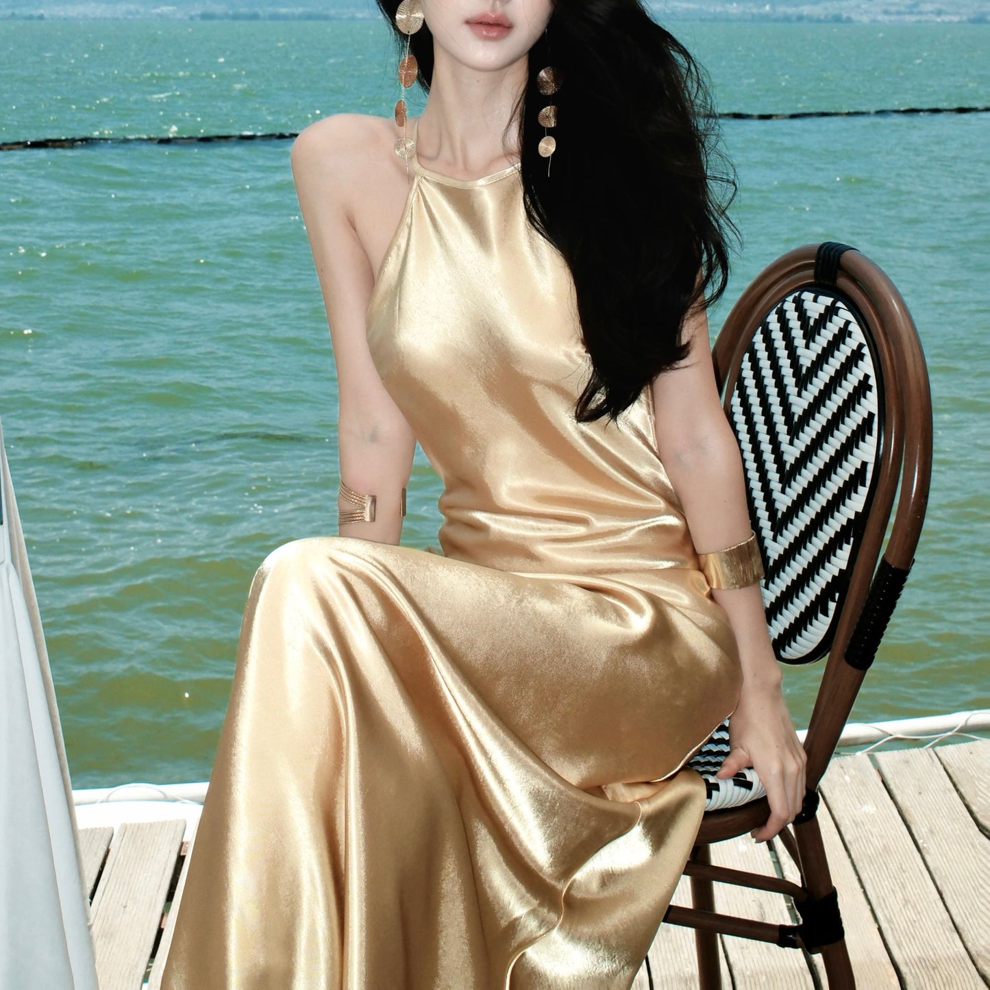 French-Style Heavy-Duty Rhinestone-Studded Acetate Halter Neck Dress