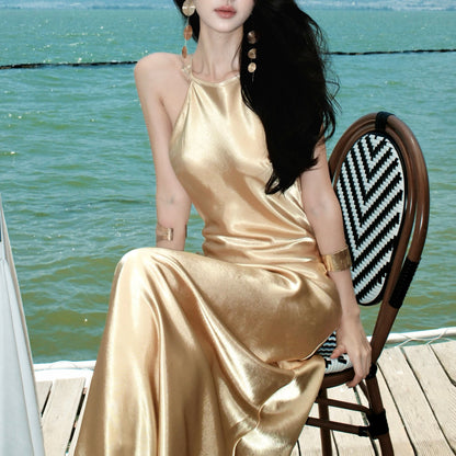 French-Style Heavy-Duty Rhinestone-Studded Acetate Halter Neck Dress