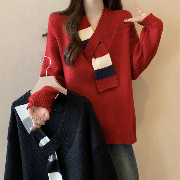 Scarf Collar Sweater V-Neck Knitted Red Top