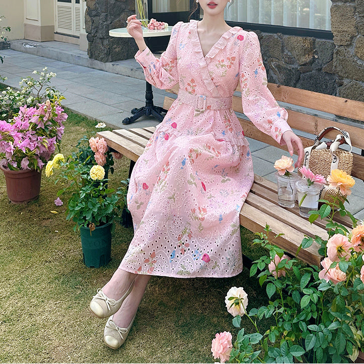 French-Style Tea Break V-Neck Floral Dress With Belt