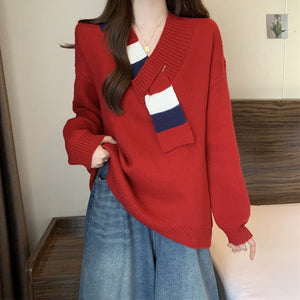 Scarf Collar Sweater V-Neck Knitted Red Top