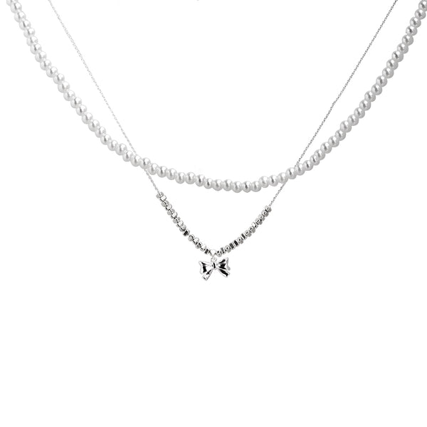 Broken Silver Bow Knot Pearl Clavicle Chain Necklace