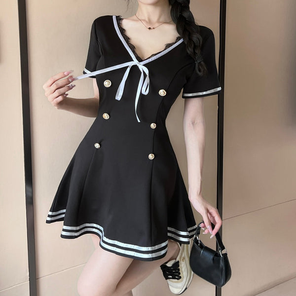 Double-Breasted Strappy Uniform Short-Sleeved Dress