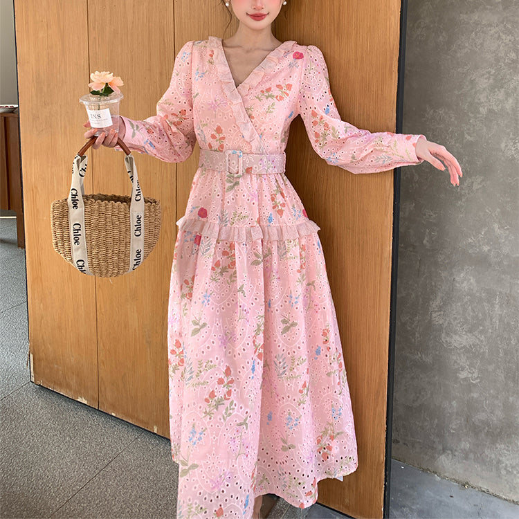 French-Style Tea Break V-Neck Floral Dress With Belt