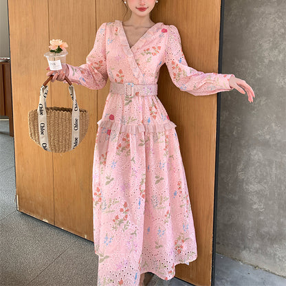 French-Style Tea Break V-Neck Floral Dress With Belt