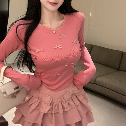 Sweet And Sexy Bow Embroidered Round Neck Long-Sleeved T-Shirt High Waist Skirt Suit