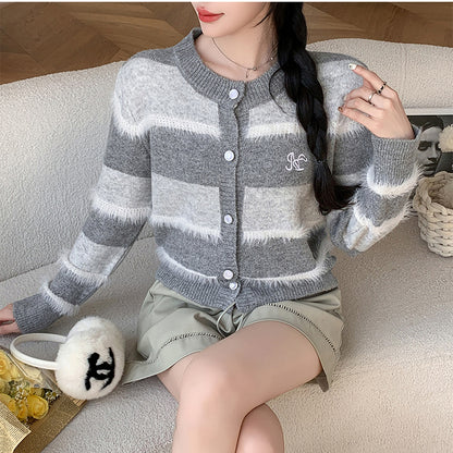 French Retro Colorful Striped Cardigan Jacket