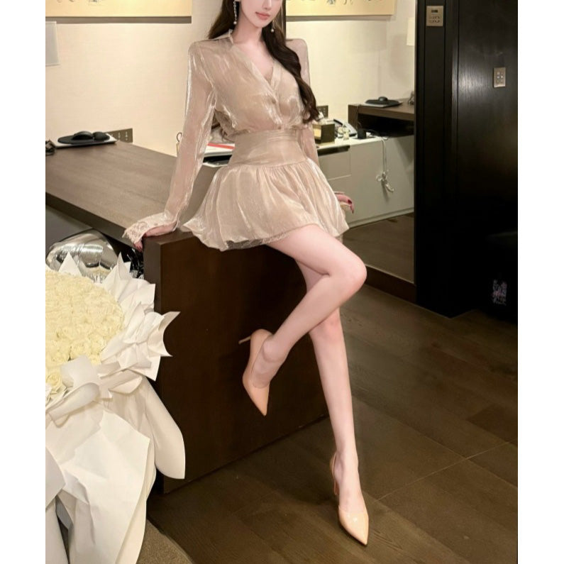 Two-Piece Set of Shimmering Satin Lace-Sleeved Shirt and Skirt