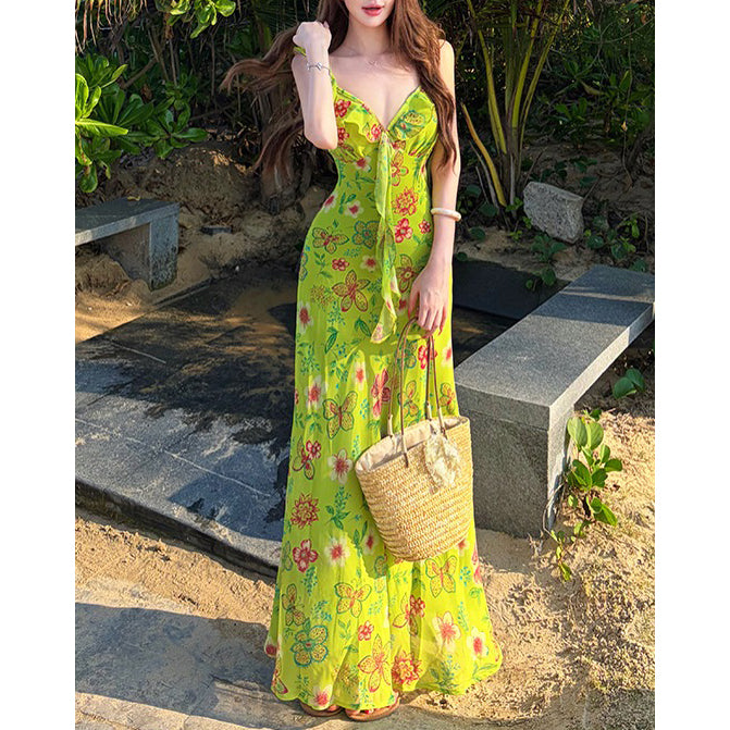 Summer Vacation Style V-Neck Floral Spaghetti Strap Dress