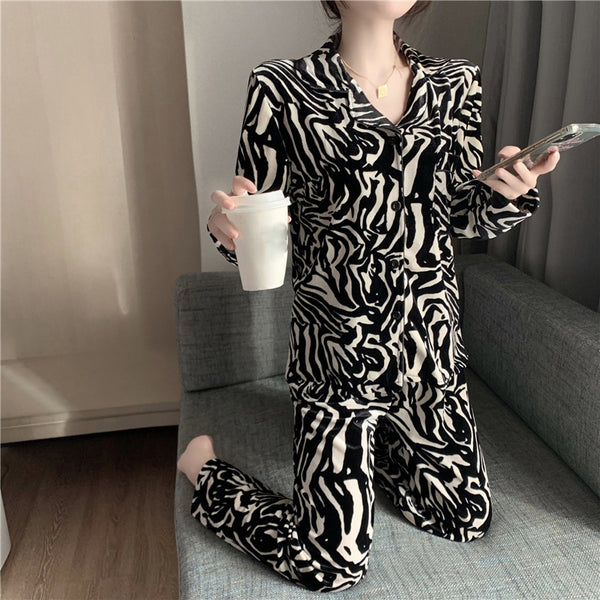 Velvet Sexy Zebra Print Cardigan Long Sleeve Lounge Wear Two Piece Set
