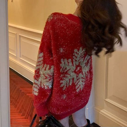 Snowflake long sleeve crew neck christmas sweater