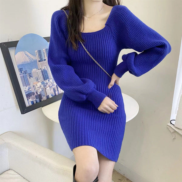 Loose Square Neck Knitted Sweater Dress