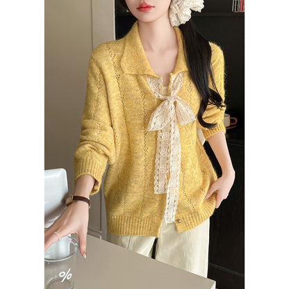 Hollow Lace Bow Knitted Cardigan