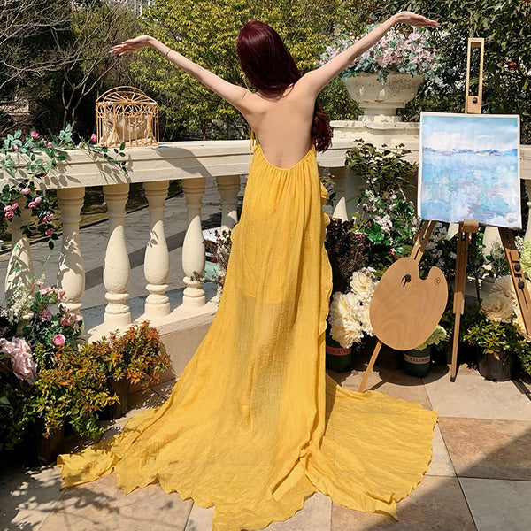 Yellow Sexy Backless Halter Dress