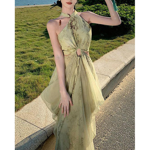 New Chinese Style Mesh Bamboo Smudged Hollow Halter Dress