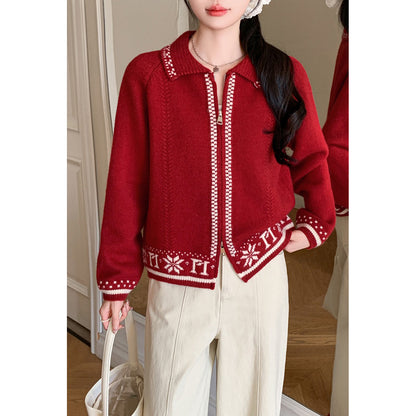 Snowflake Jacquard Colorblock Crew Neck Knit Cardigan