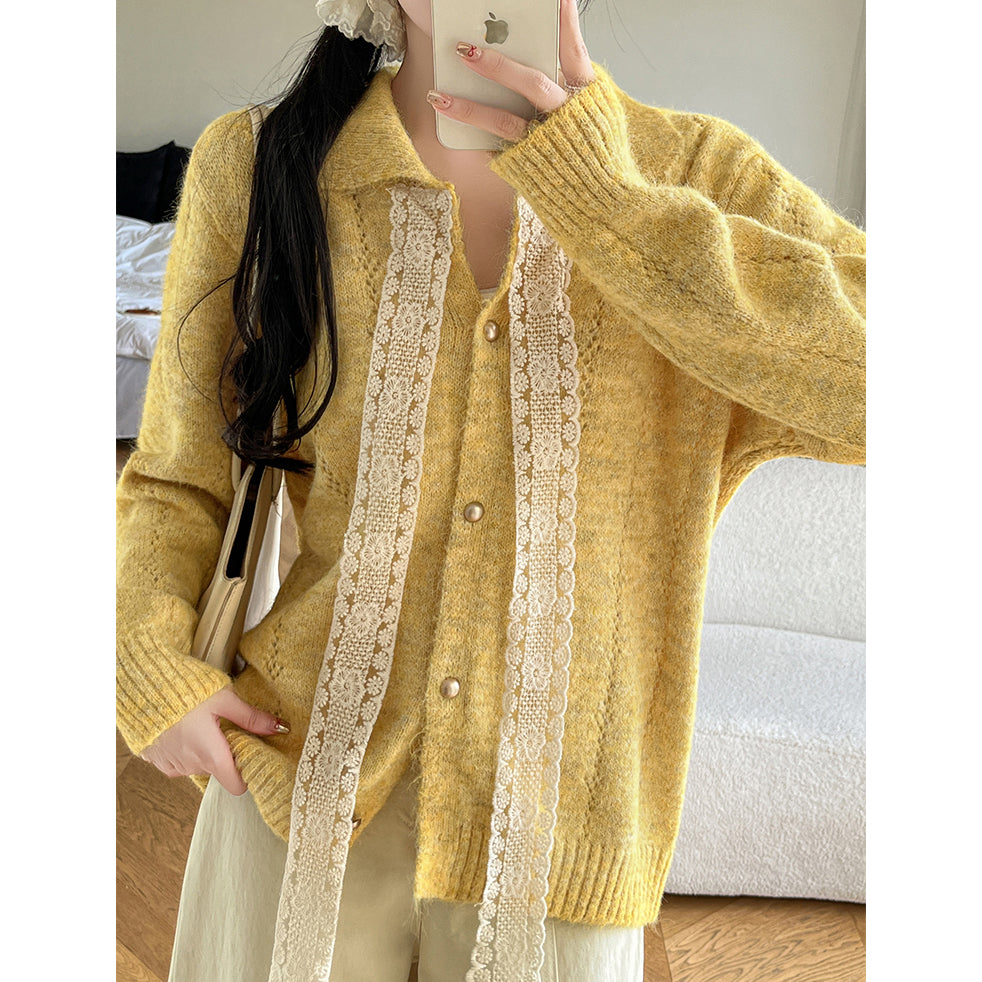 Hollow Lace Bow Knitted Cardigan