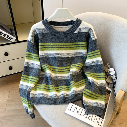 Stylish Striped Loose Knit Pullover (Shawl Included)