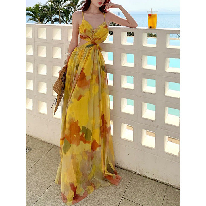 Mesh Tie-Dye Vacation Style Backless Sundress
