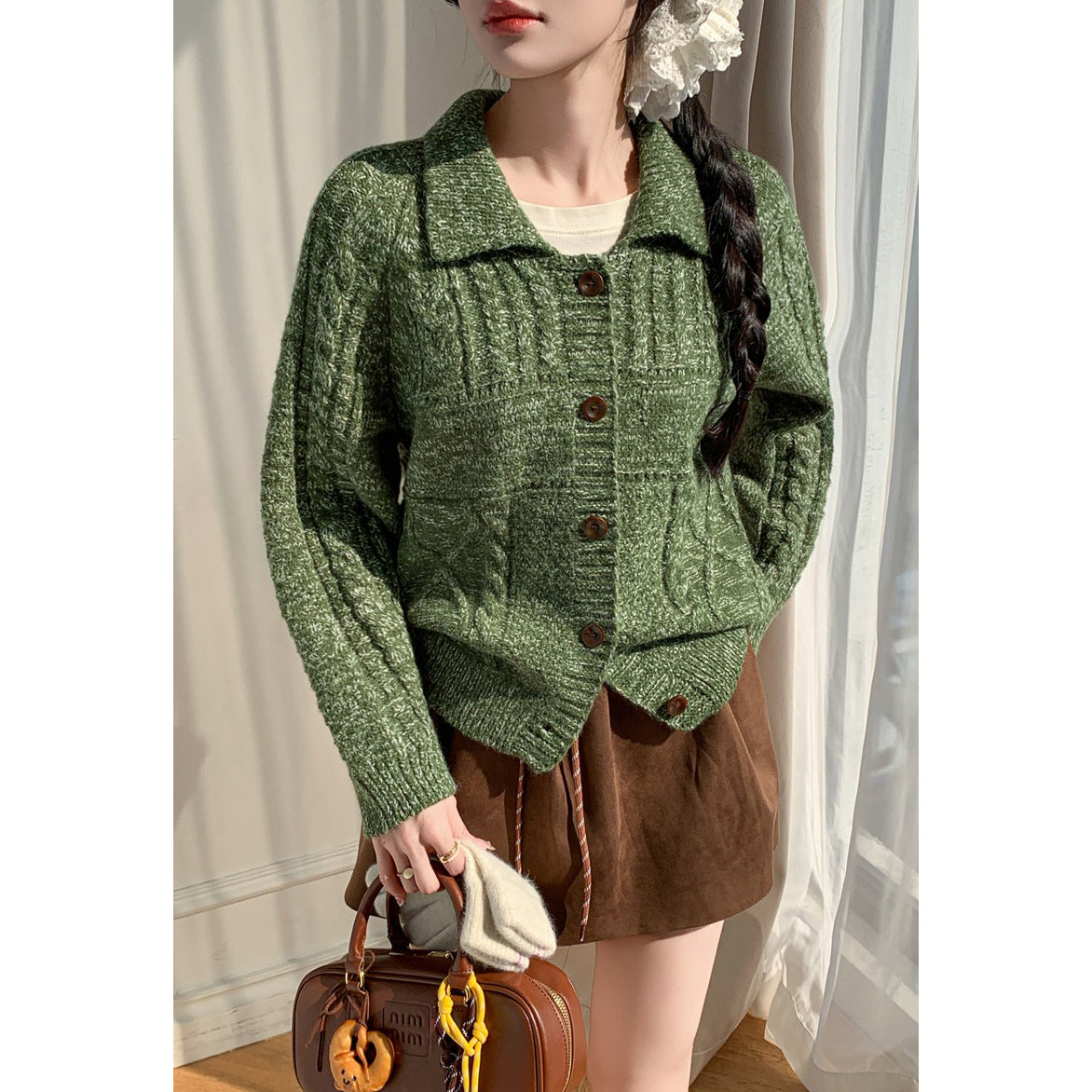 Two-Tone Lapel Knitted Cardigan