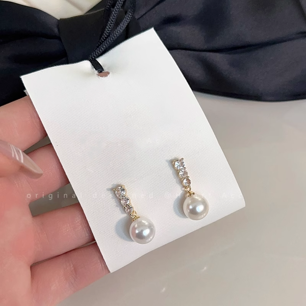 Pearl Sparkling Diamond Silver Needle Stud Drop Earrings