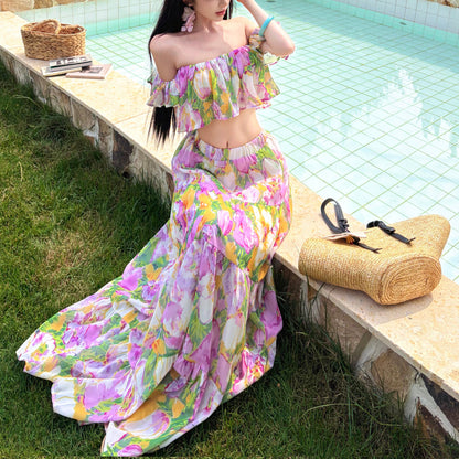 Oil Painting Floral Puff Sleeve Short-Sleeved Top And Skirt Set