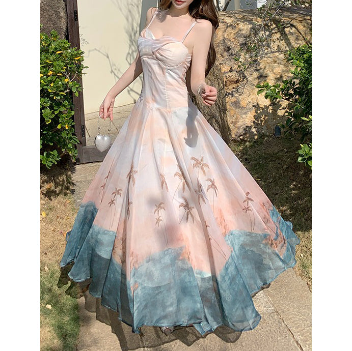 French-Style Tie-Dye Vacation Print Spaghetti Strap Dress