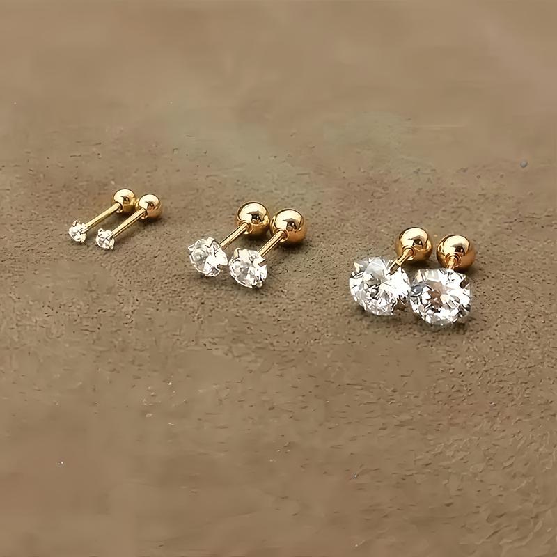 3 Pairs Gold Stainless Steel Cubic Zirconia Stud Earrings