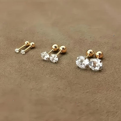3 Pairs Gold Stainless Steel Cubic Zirconia Stud Earrings