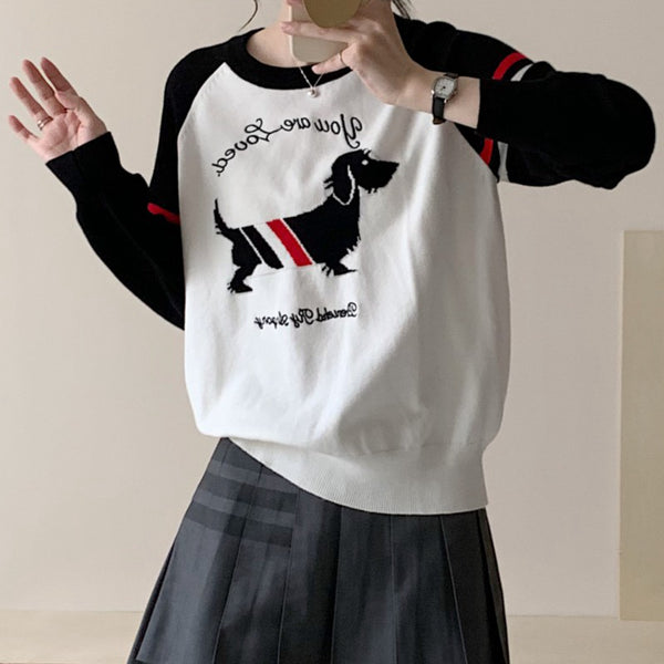 Wool Knit T-Shirt Puppy Embroidered Raglan Sweater Top