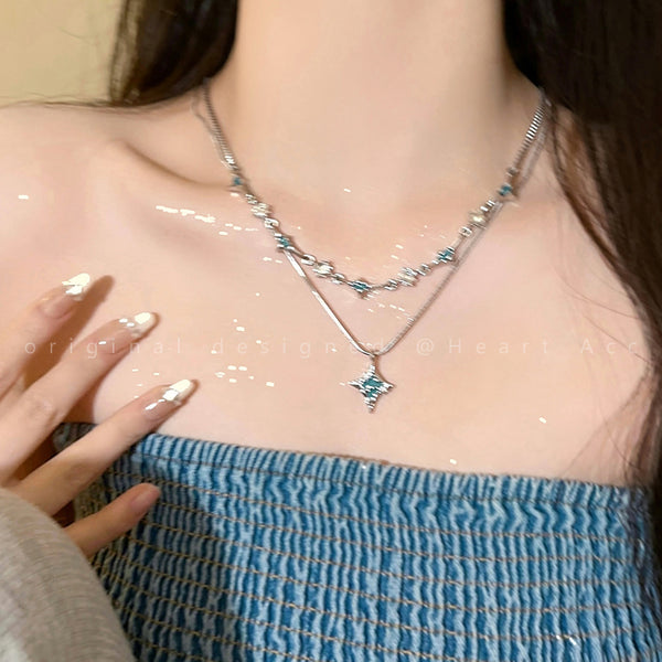 Double-Layer Stacked Four-Pointed Star Necklace Collarbone Chain