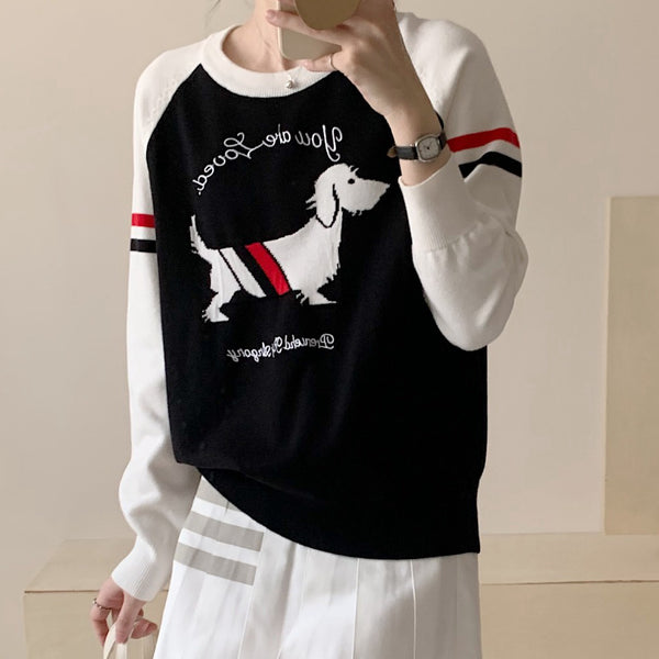 Wool Knit T-Shirt Puppy Embroidered Raglan Sweater Top