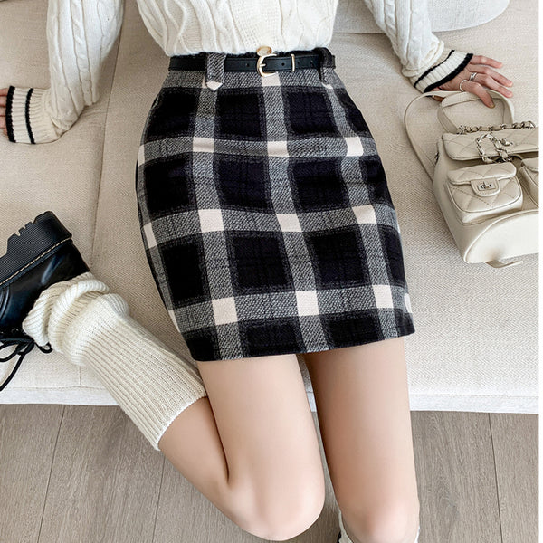 Plaid Woolen High-Waist Versatile Short A-Line Skirt
