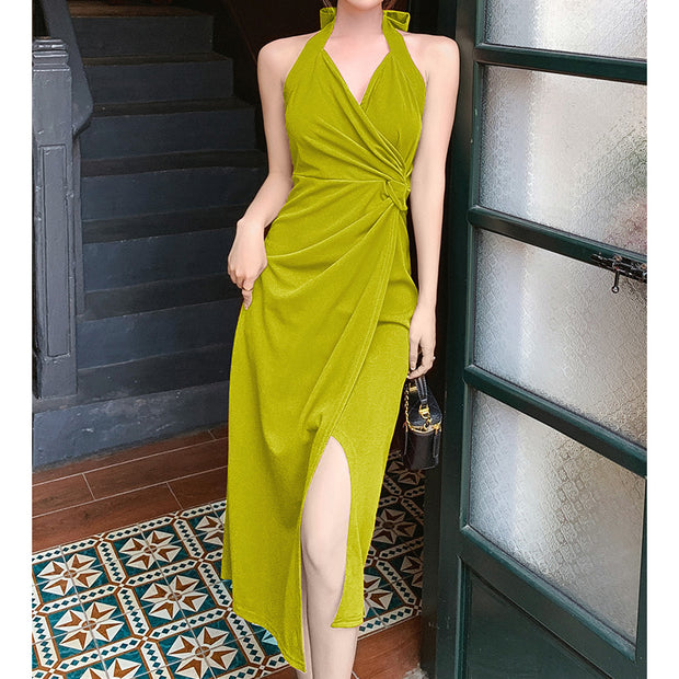 Retro hanging neck lace cami brick dress