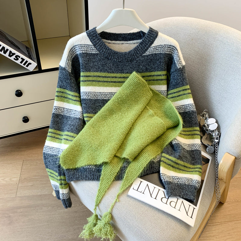 Stylish Striped Loose Knit Pullover (Shawl Included)