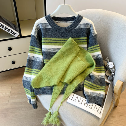 Stylish Striped Loose Knit Pullover (Shawl Included)