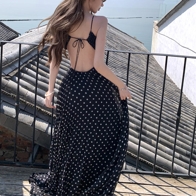 French Polka Dot Cutout Halter Neck Dress