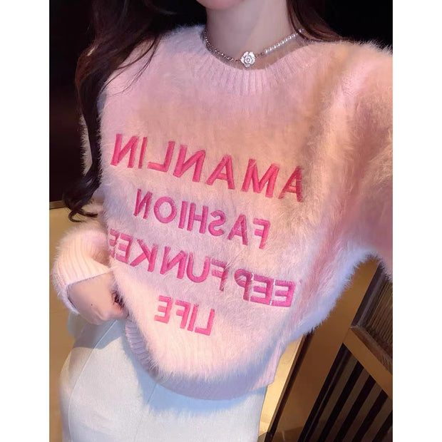Pink Mink Sweater Long Sleeve Crew Neck Coat