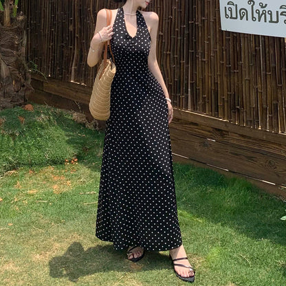 V-neck retro floral polka dot halter dress