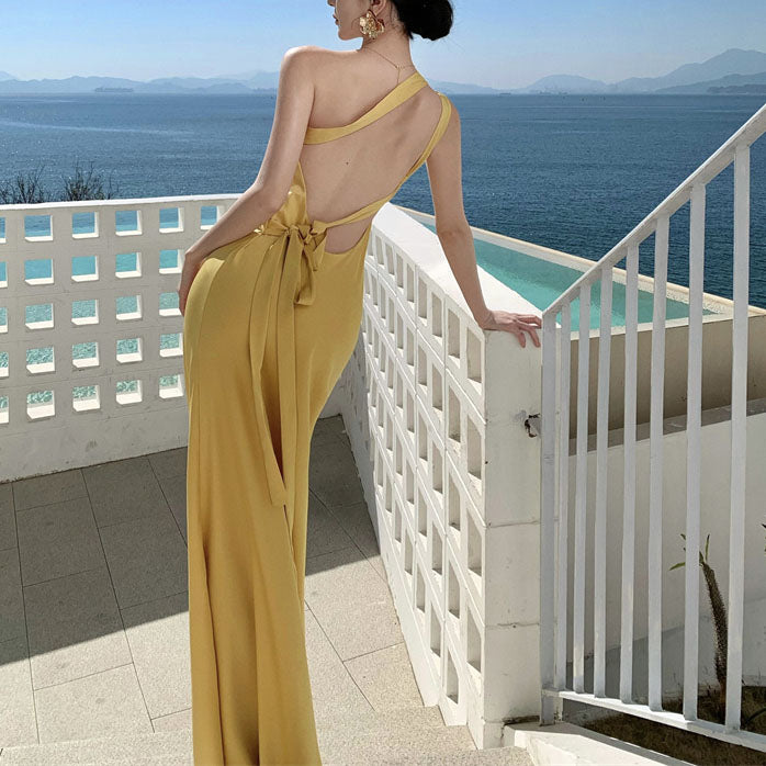 French-Style Backless Yellow Satin Evening Gown