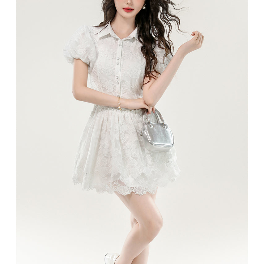 White Lace Puff Sleeve Dress