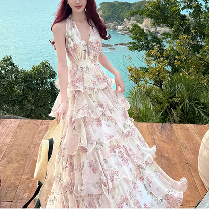 Chiffon Floral Halter Neck Vacation Dress