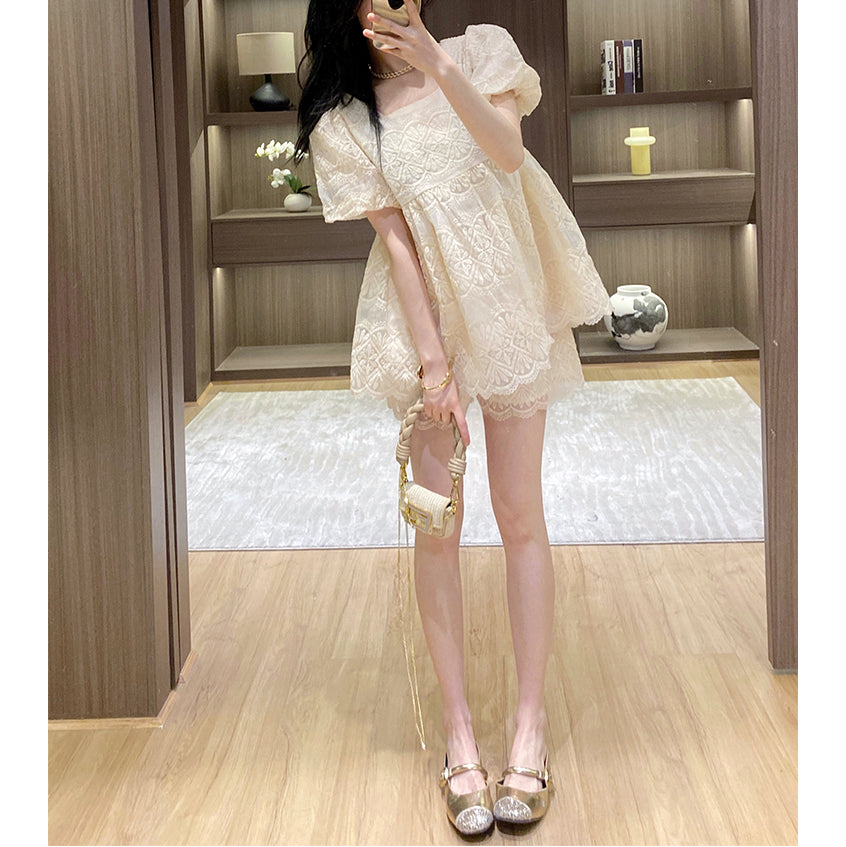 Lace Short-Sleeved Top And Shorts Two-Piece Set