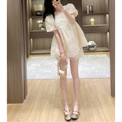 Lace Short-Sleeved Top And Shorts Two-Piece Set