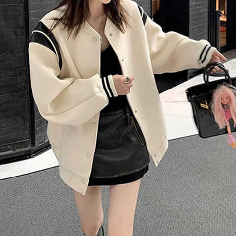70% Woolen Retro Contrast Color Stitching Pu Leather Coat