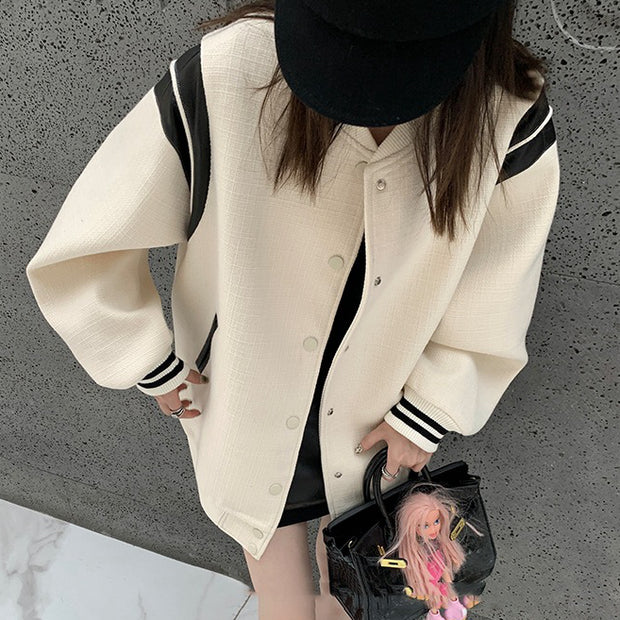 Woolen Retro Contrast Color Stitching Pu Leather Coat