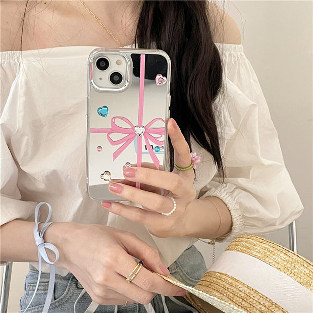 Pink bow colorful diamond mirror creative protective case